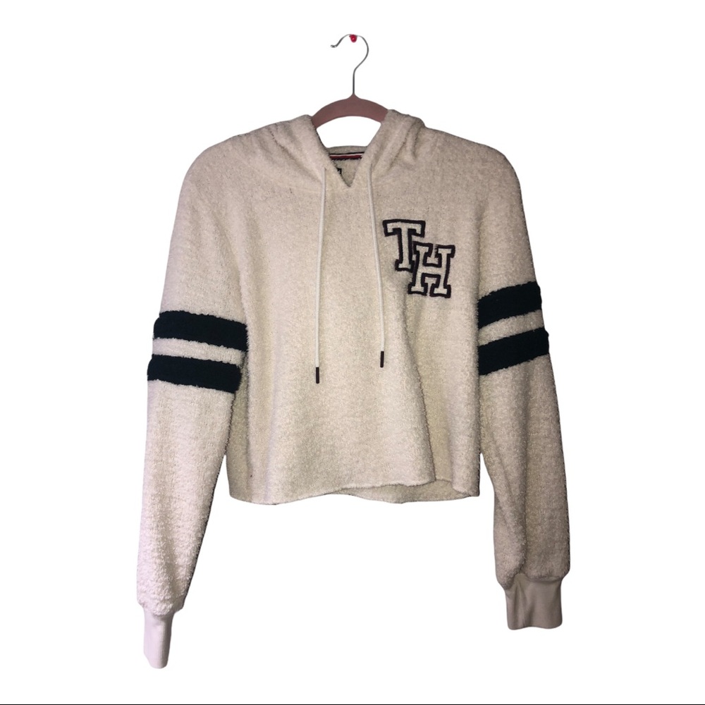 Tommy Hilfiger White Fuzzy Cropped Hoodie